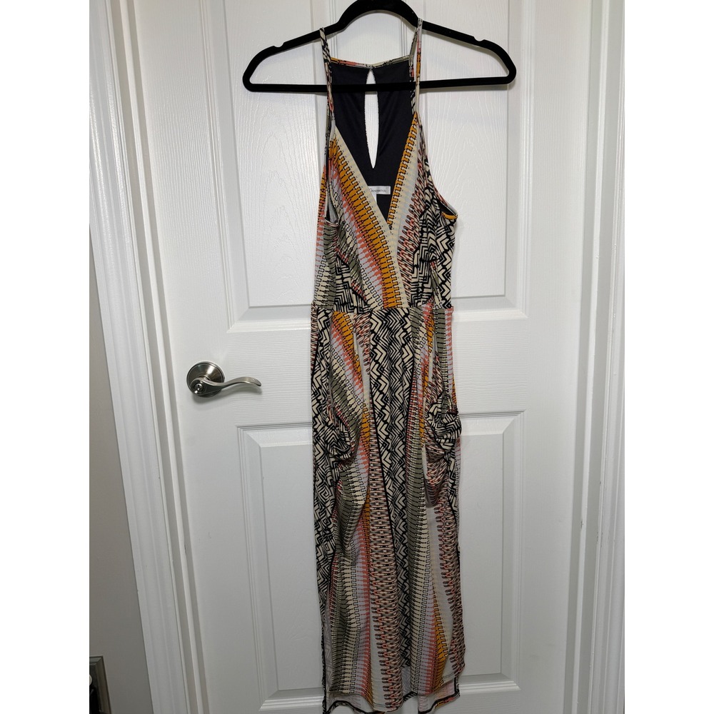 BCBGeneration Maxi Dress Womens Med Multicolor Geometric Racerback Boho Pockets